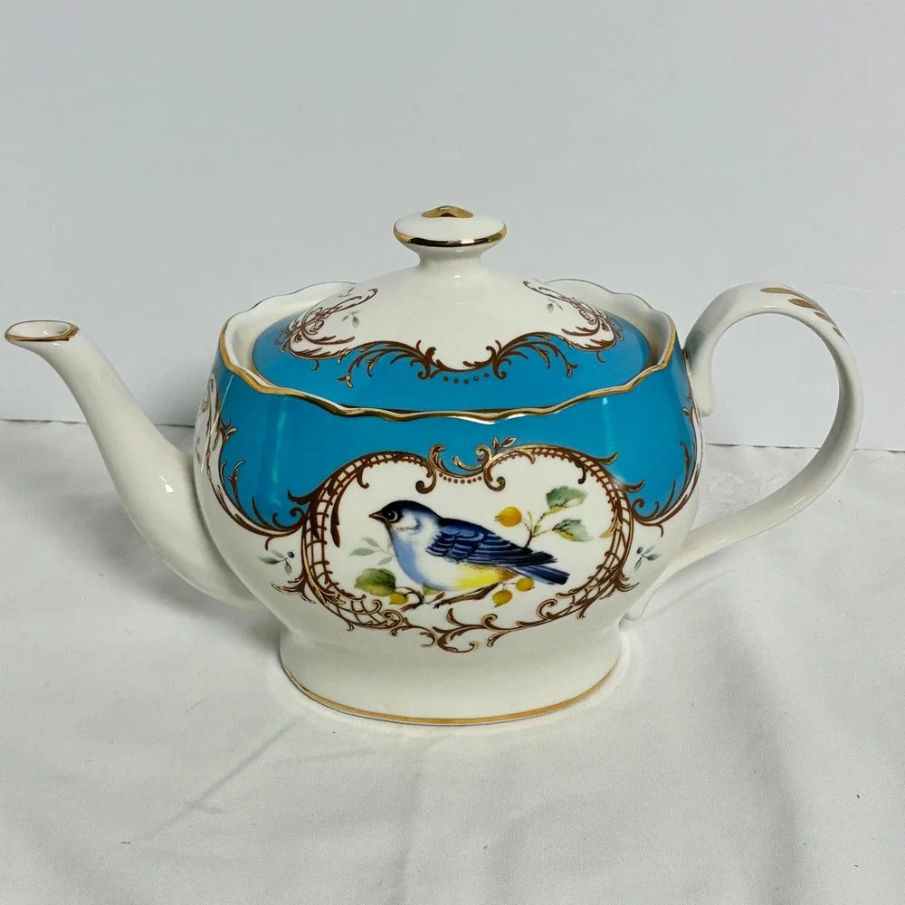 Grace Teaware Teapot Turquoise Gold Bird Filigree Scalloped Grandmillennial
